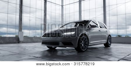 Modern compact car in warehouse daylight. Rent a car, buy and sell concepts. Generic and brandless yet contemporary and elegant look. 3D illustration