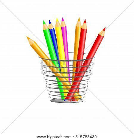 A Set Of Colored Pencils, Stands Upright In A Glass Isolated On White Background.
