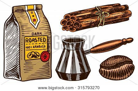 Set Of Coffee In Vintage Style. Calligraphic Inscription And Cinnamon Sticks, Bag And Filter Maker .