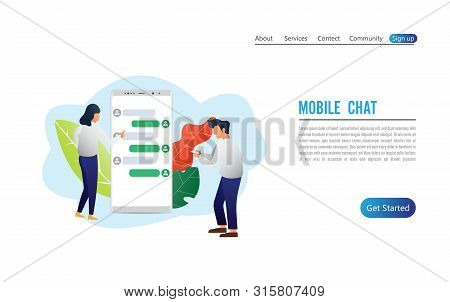 Businessman And Woman And Chatting Conversation On Smartphone. Messaging Application, Mobile Chat Ap