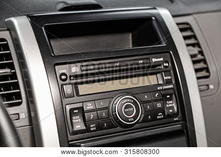 Novosibirsk, Russia - July 17, 2019:  Nissan X-trail, Car Control Panel Of Audio Player And Other De