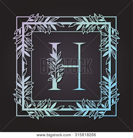 Letter H In Square Frame With Leafs Vector Illustration Design