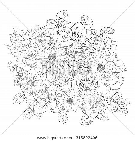 Vector Drawing Flowers, Decorative Rosette, Stylized Designtemplate, Isolated Floral Element, Hand D