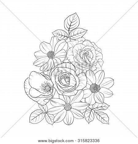 Vector Drawing Flowers, Decorative Rosette, Stylized Designtemplate, Isolated Floral Element, Hand D