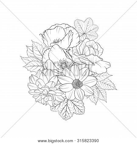 Vector Drawing Flowers, Decorative Rosette, Stylized Designtemplate, Isolated Floral Element, Hand D