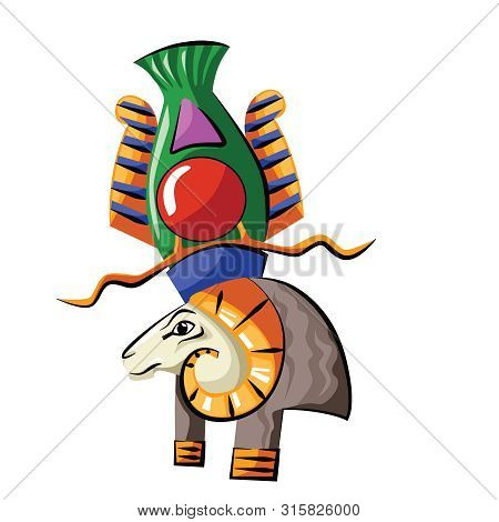 Ancient Egypt Head Of God Source Of Nile Khnum Cartoon Vector. Egyptian Culture Religious Symbol, Ra