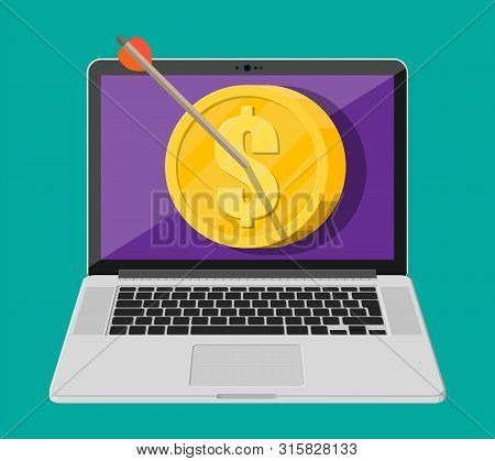 Arrow In Coin Target On Laptop Screen. Goal Setting. Smart Goal. Business Target Concept. Achievemen
