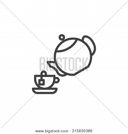 Tea Brew Line Icon. Linear Style Sign For Mobile Concept And Web Design. Teapot With Cup And Tea Bag