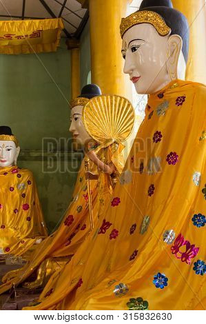 Buddha Images In Shwedagon Pagoda. The Pagoda Is The Most Sacred In All Of Myanmar.
