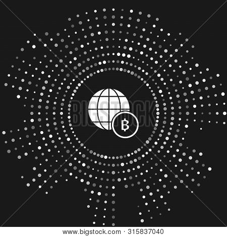 White Globe And Cryptocurrency Coin Bitcoin Icon Isolated On Grey Background. Physical Bit Coin. Blo