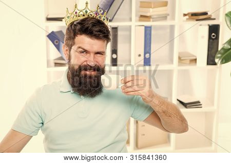 Head Office Concept. Man Bearded Manager Businessman Entrepreneur Wear Golden Crown On Head. Relaxed