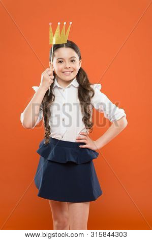 Her Pride. Little Girl In Uniform With Crown Prop. Kid Fashion Beauty. Luxury And Future Success. Se