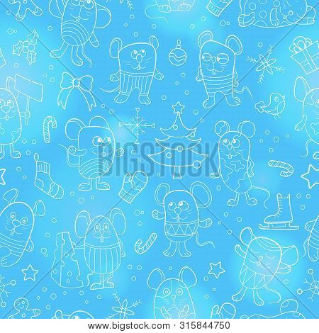 Seamless Illustration For New Year Holidays, Cartoon Funny Mice And Snowflakes White Contour On Blue