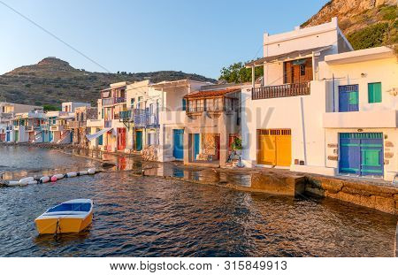 Traditional Boathouses In Klima Fishing Village, Milos Island, Greece.