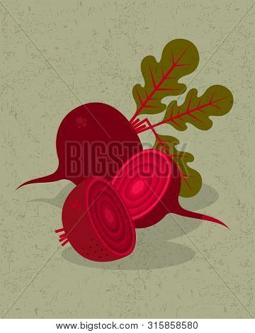 Beetroot And Halves Of Beetroot Illustration. Red Beetroot, Leaves And Flowers On Shabby Background.