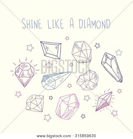 Greeting Card Or Invitation Templates - Pink, Purple, Blu Rystals Or Gems On White, Gemstones, Diamo