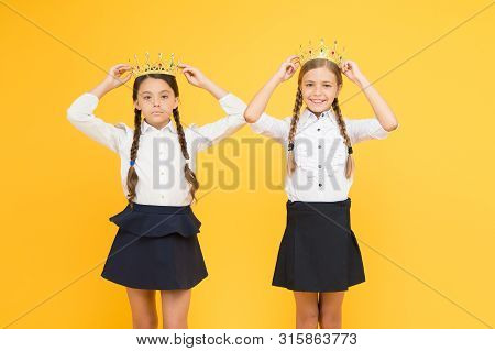 Back To School. Selfish Small Girls Dream About Future. Happy Girls In Uniform And Crown. Big Boss. 