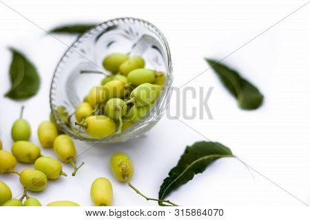 Neem Fruit Or Nim Fruit Or Indian Lilac Fruit In A Glass Bowl Isolated On White Along With Some Fres