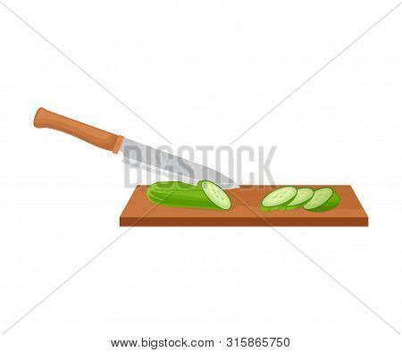 Knife Slices Cucumber. Vector Illustration On White Background.