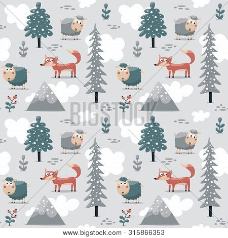 Seamless Scandinavian Pattern Sheep Fox Tree Mountains