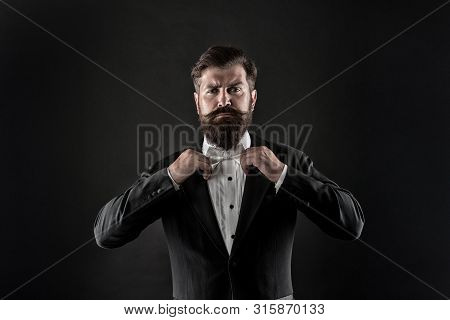 Bearded Man With Bow Tie. Well Dressed And Scrupulously Neat. Hipster Formal Suit Tuxedo. Difference