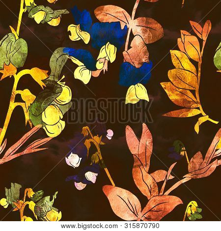 Seamless Pattern With Flowers And Leaves Of Garden Vetch. Mix-media Design With Digital Illustration