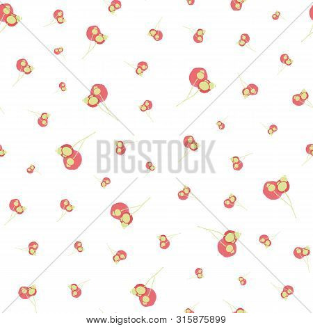 White Floral Pattern With Pink Dot And Winter Berry. Surface Pattern Design.