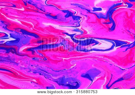 Red-white-blue-purple Abstract Marble Background. Bright Color. The Paint Flows Freely And Creates A