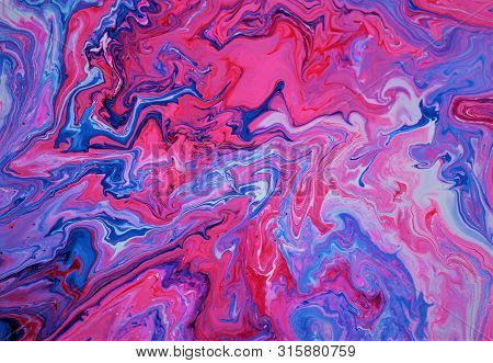 Red-white-blue-purple Abstract Marble Background. Bright Color. The Paint Flows Freely And Creates A
