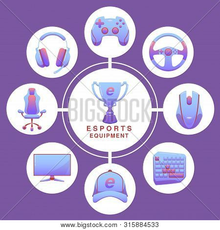 Color Esports Icons Set. Game Tournament. Vector Gaming Devices In Purple Color. Infographic Cybersp