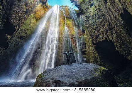 Beautiful  Seljalandsfoss Waterfall In Iceland During The Sunset. Location: Seljalandsfoss Waterfall