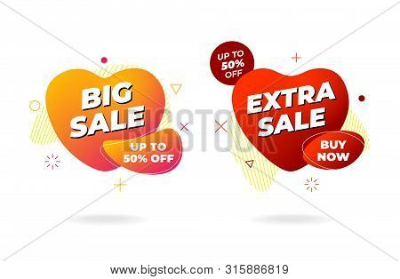 Sale Banner Template Design. Big And Extra Sale Buy Now On Abstract Liquid Shape Set. Flat Geometric
