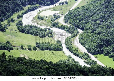 Mountain Landscape, River Valley, Mountains, Green Trees, Valley, River, Glaciers. Valley Of A Zelen