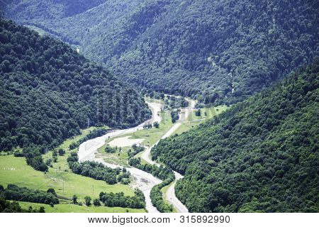 Mountain Landscape, River Valley, Mountains, Green Trees, Valley, River, Glaciers. Valley Of A Zelen