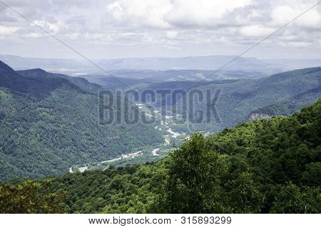 Mountain Landscape, River Valley, Mountains, Green Trees, Valley, River, Glaciers. Valley Of A Zelen