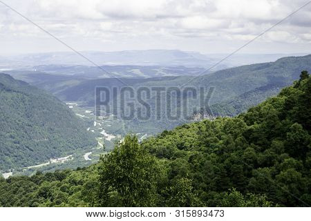 Mountain Landscape, River Valley, Mountains, Green Trees, Valley, River, Glaciers. Valley Of A Zelen