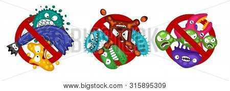 Stop Spread Virus Symbol Set. Cartoon Germ Characters Isolated Vector Illustration On White Backgrou