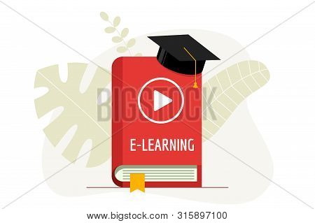 E-learning With Play Video Icon On Red Cover Book And Graduation Cap. Academy Hat On Online Educatio