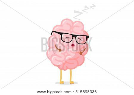 Cute Cartoon Smart Human Brain With Glasses Relaxation. Central Nervous System Sleeping Organ Funny 