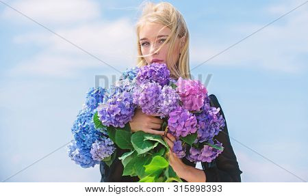Girl Tender Blonde Hold Hydrangea Bouquet. Allergy Free Life. Stop Allergy Blooming Season. Springti