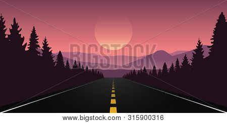 Straigth Road In The Forest With Purple Mountain Landscape Vector Illustration Eps10