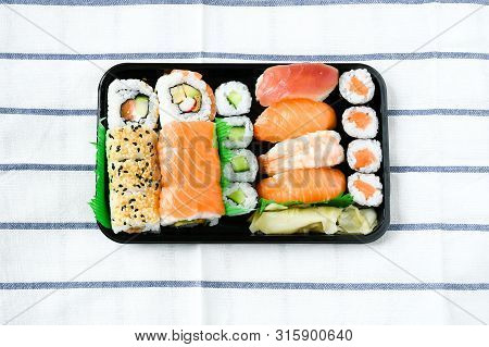 Close Up Top View Mix Sushi With Various Ingrediant As Salmon, Tuna, Avocado,sesame Sushi Is A Delic