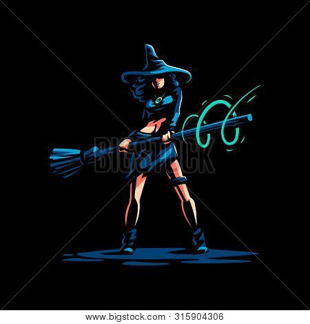 Woman Witch With A Magic Broom In One Hand And A Magic Flame In The Other Hand, Conjures.