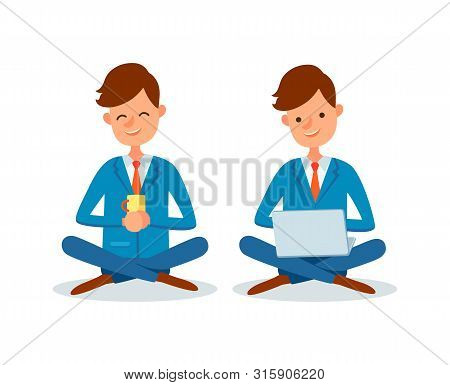 Man Drinking Tea From Cup And Working On Laptop Vector. People Active In Business, Businessman Weari