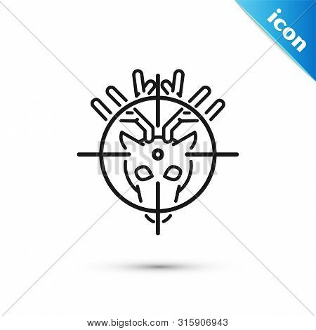 Black Hunt On Deer With Crosshairs Icon Isolated On White Background. Hunting Club Logo With Deer An