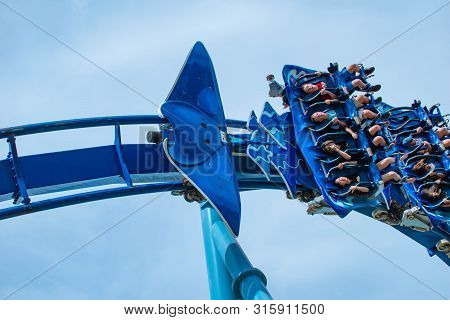 Orlando, Florida. July 26, 2019. Peopla Having Fun Amazing Manta Ray Rollercoaster At Seaworld.