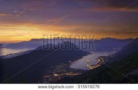 Kotor Bay Seen From Above In A Beautiful Sunset Summer Day. Monenegro, View Above Houses, Streets An
