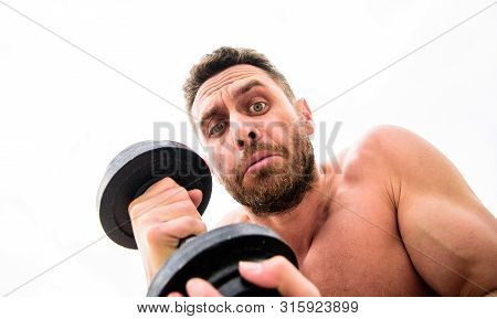 Athletic Body. Dumbbell Gym. Muscular Man Exercising With Barbell. Fitness Health Diet. Sport. Perfe