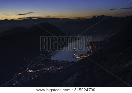 Kotor Bay Seen From Above In A Beautiful Sunset Summer Day. Monenegro, View Above Houses, Streets An