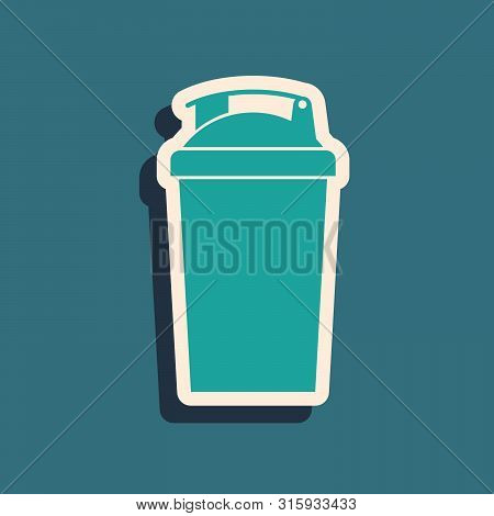 Green Fitness Shaker Icon Isolated On Blue Background. Sports Shaker Bottle With Lid For Water And P